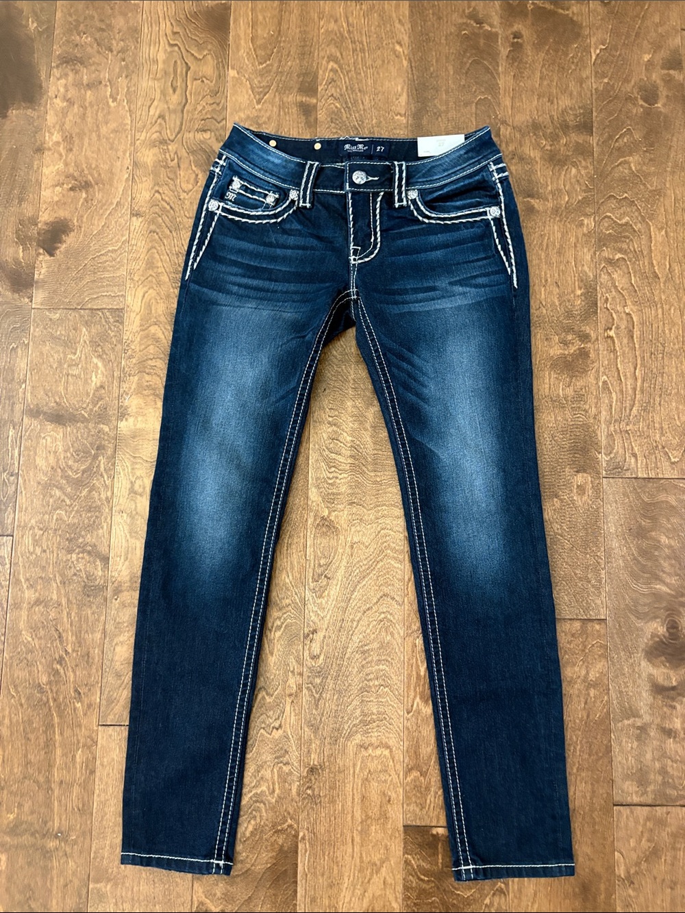 Miss Me Dark Blue Skinny Jeans with White Contrast Stitching